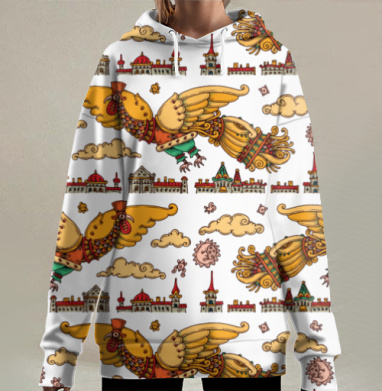 Механические птицы летают над старым городом, Hoodie Long Oversize 3D