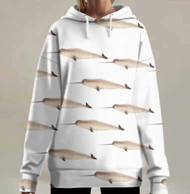 Море светло голубой и бежевый с нарвалами морскими животными, Hoodie Long Oversize 3D