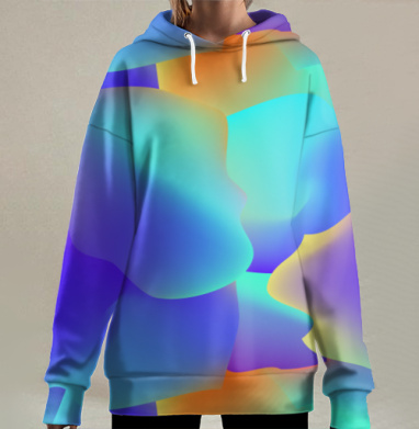 Неоновая абстракция с синими и бирюзовыми оттенками светящийся фон, Hoodie Long Oversize 3D