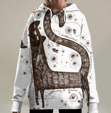 Монохромный скетч длинношеего кота — мистический арт, Hoodie Long Oversize 3D