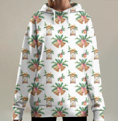 Рождественский декор с колокольчиками и светильниками зимний уют, Hoodie Long Oversize 3D