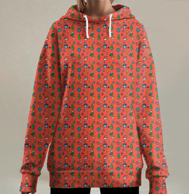 Праздничный рождественский паттерн с иконками, Hoodie Long Oversize 3D
