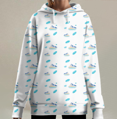 Морской остров с горами и надписью для отдыха время, Hoodie Long Oversize 3D