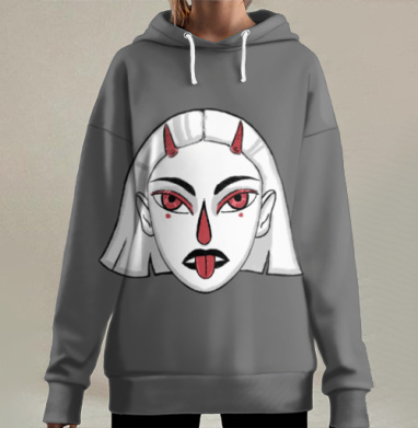 Ироничное лицо с языком красный белый черный, Hoodie Long Oversize 3D