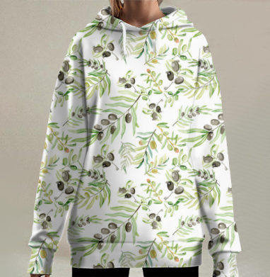 Изящные растущие оливки ветви с листьями природы, Hoodie Long Oversize 3D