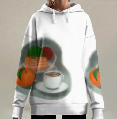 Уютный кофейный завтрак с апельсином и тортом начала утра, Hoodie Long Oversize 3D