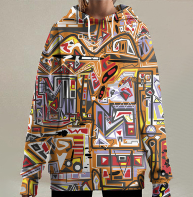 Динамичный граффити коллаж с кубистическими мотивами, Hoodie Long Oversize 3D