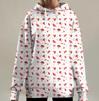 Уютная осенняя лиса листья грибы ягоды, Hoodie Long Oversize 3D