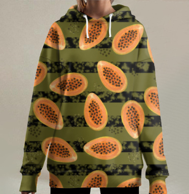 Яркие плоды папайи на полосатом фоне горчичного цвета, Hoodie Long Oversize 3D