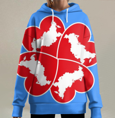 Патриотичные сердца с картой России в форме клевера, Hoodie Long Oversize 3D