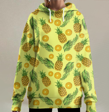 Тропические Ананасы и Листья Желтый Фон, Hoodie Long Oversize 3D