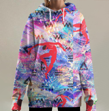 Танцующие красные фигуры на фиолетовом фоне глубокой текстуры, Hoodie Long Oversize 3D