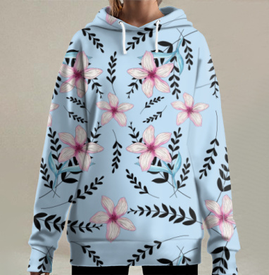 Нежные розовые цветы на голубом фоне с черными ветвями, Hoodie Long Oversize 3D