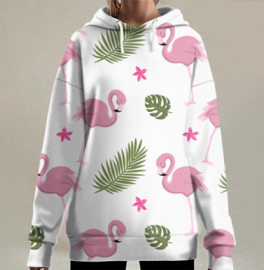 Розовые фламинго на сером фоне тропического сада, Hoodie Long Oversize 3D