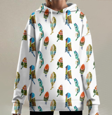 Паттерн с перьями, акварель, Hoodie Long Oversize 3D