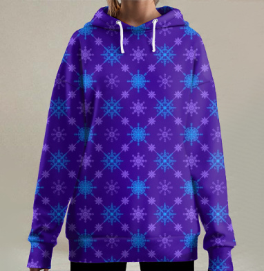 Зимний узор снежинок в синих оттенках, Hoodie Long Oversize 3D