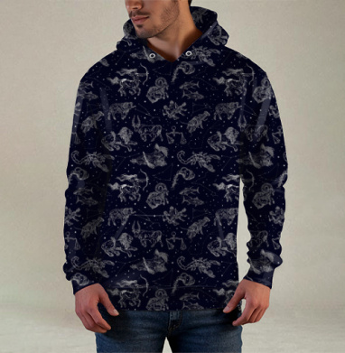 Паттерн знаки зодиака и созвездия на звёздном небе., Худи / Мужская / С карманом / 3D