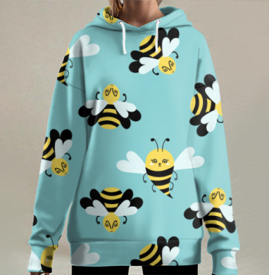 Весёлые жёлтые пчёлы на голубом фоне летят, Hoodie Long Oversize 3D