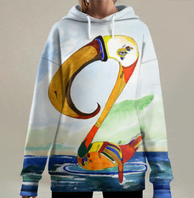 Фантастическая птица в акварельном стиле, Hoodie Long Oversize 3D