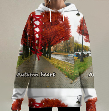 Красное осеннее сердце связанное шнуровкой осеннее сердце, Hoodie Long Oversize 3D