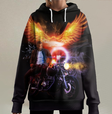 Мотоциклист с огненными крыльями свободы на черном фоне, Hoodie Long Oversize 3D