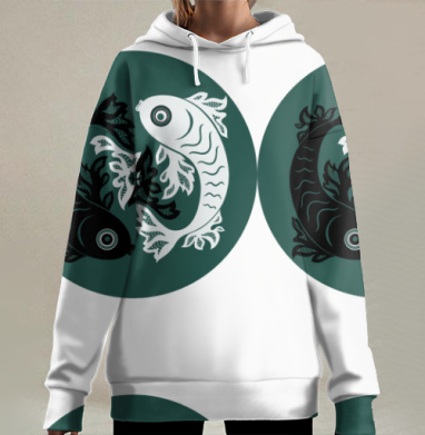 Черная и белая рыбы символ гармонии и эфемерности, Hoodie Long Oversize 3D