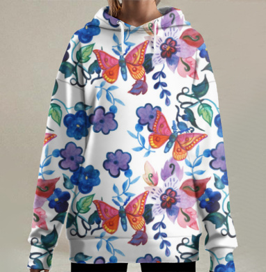 Яркая композиция с цветами и бабочками, Hoodie Long Oversize 3D