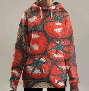 Яркие красные помидоры в технике пуантилизма, Hoodie Long Oversize 3D
