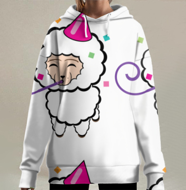 Веселая альпака в розовом колпаке праздник и радость, Hoodie Long Oversize 3D
