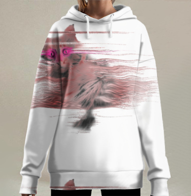 Испуганный Кот с Розовыми Глазами и Волнистым Словом, Hoodie Long Oversize 3D