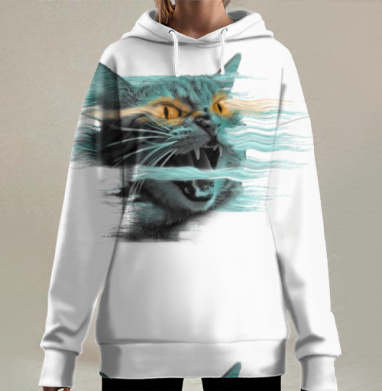 Агрессивный кот с яркими глазами и размытыми линиями в динамике, Hoodie Long Oversize 3D