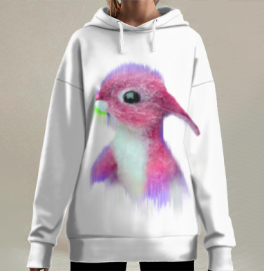 Милая розовая птица с большими глазами уши, Hoodie Long Oversize 3D