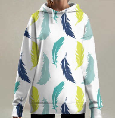 Птичьи синие желтые перья на белом фоне, Hoodie Long Oversize 3D