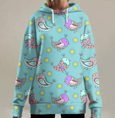 Яркий узор с пастельными птицами и солнечными кругами, Hoodie Long Oversize 3D