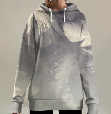 Нежное падение белых перьев на светлом фоне, Hoodie Long Oversize 3D