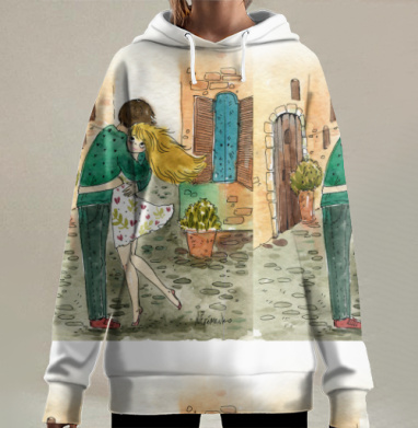 Влюбленная пара объятия на старинных улицах Европы встреча двоих, Hoodie Long Oversize 3D