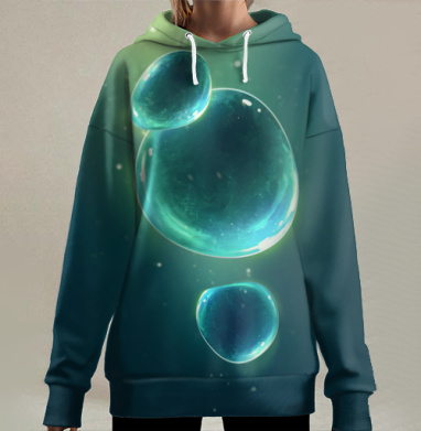 Голубые капли жидкости с эффектом свечения на темном фоне, Hoodie Long Oversize 3D