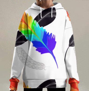Радужное перо среди чёрных серебристых перьев, Hoodie Long Oversize 3D