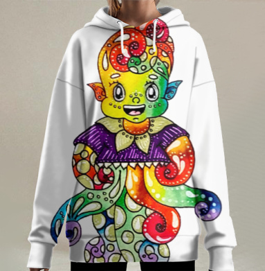 Веселый радужный осьминог в мультяшном стиле на белом фоне, Hoodie Long Oversize 3D