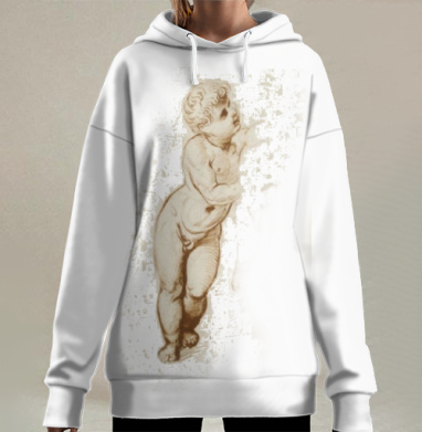 Невинный ребенок в классической позе на фоне нежно серого, Hoodie Long Oversize 3D