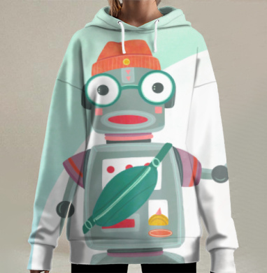 Оптимистичный робот в городе идет уверенно через город, Hoodie Long Oversize 3D