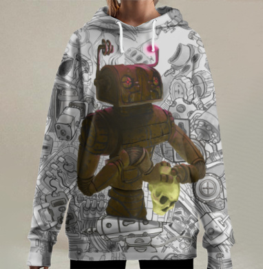 Робот с черепом размышляет о жизни в деталях механики, Hoodie Long Oversize 3D