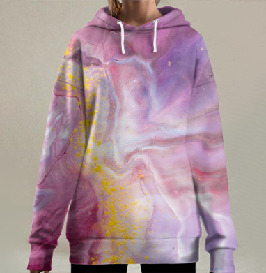 Потоки Розового Течения Жёлтые Вкрапления Вселенской Энергии, Hoodie Long Oversize 3D