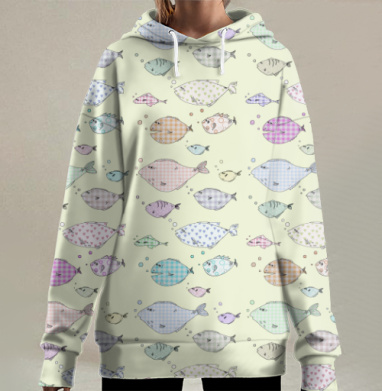 Цветные рыбки с узорами ткани в движении, Hoodie Long Oversize 3D