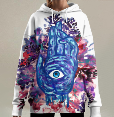 Синяя рука с глазом на акварельном фоне мистическая символика, Hoodie Long Oversize 3D