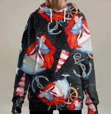 Красноволосая русалка с голубой птицей — мистическая гармония, Hoodie Long Oversize 3D