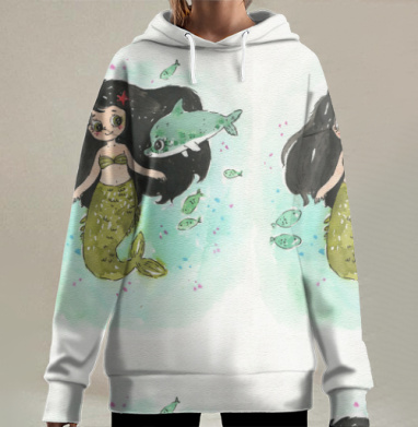 Маленькая русалка с дружелюбным дельфином на фоне моря, Hoodie Long Oversize 3D