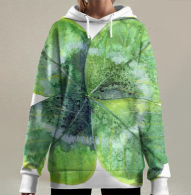 Счастливый четырехлистный клевер, акварель, Hoodie Long Oversize 3D