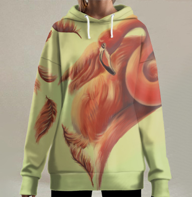 Розовый фламинго сердце из перьев в нежных тонах, Hoodie Long Oversize 3D