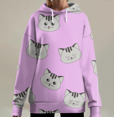 Милые серые котики на сиреневом фоне мягкие котики детские, Hoodie Long Oversize 3D